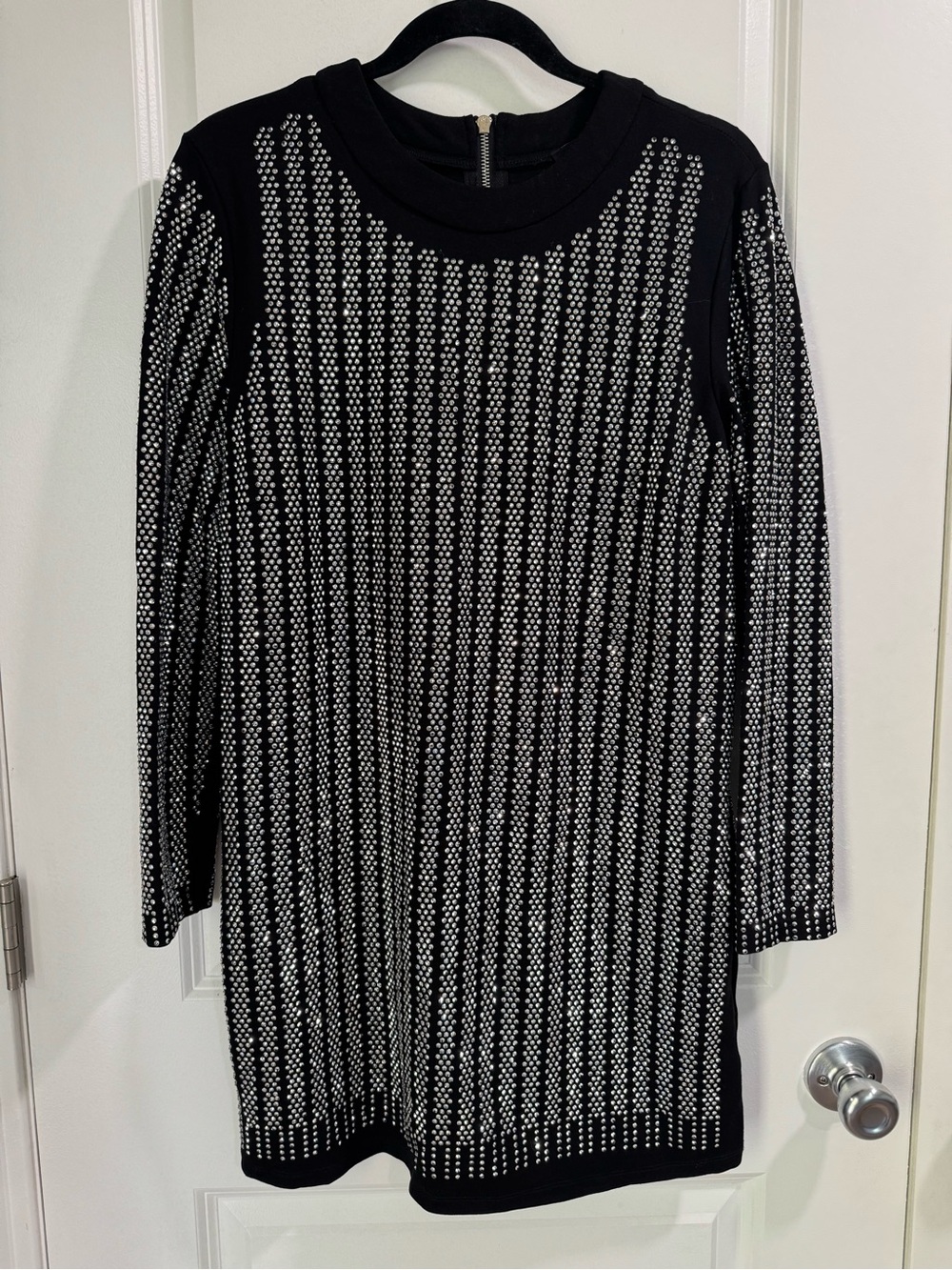 AKIRA Long Sleeve Black Mirror Beaded Dress Diamond Rhinestone Large